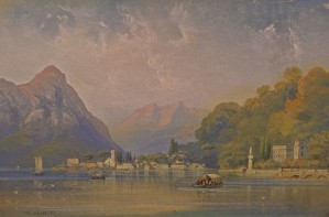 Landscape with figures in several boats along a lake